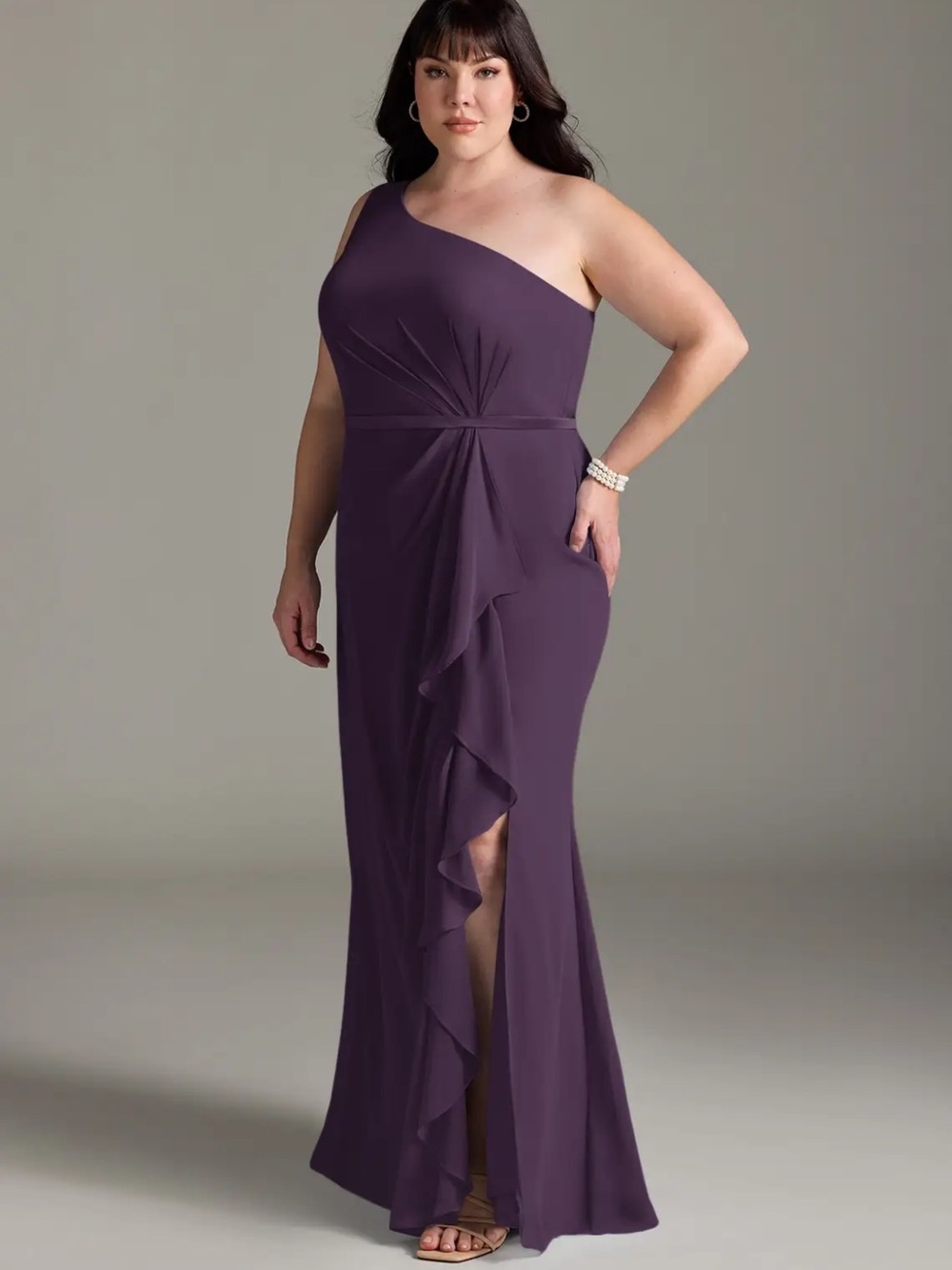 David’s Bridal NWT One-Shoulder Plum Evening Gown with Side Ruffle and Slit - Picture 3 of 10